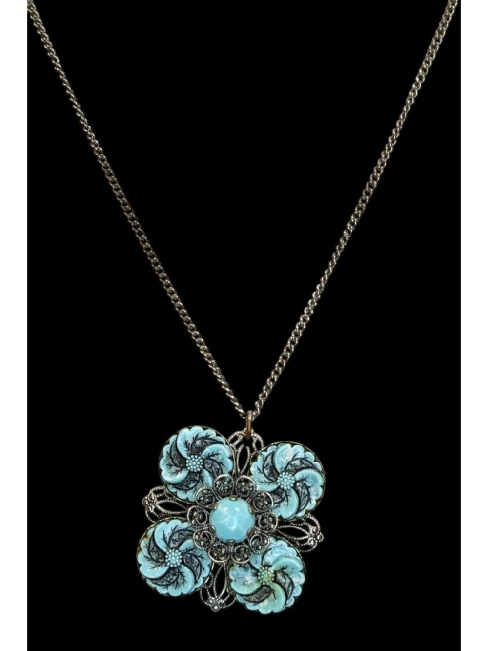 Vintage Faux Turquoise Floral Pendant Necklace Silver Tone Blue Southwestern Jew